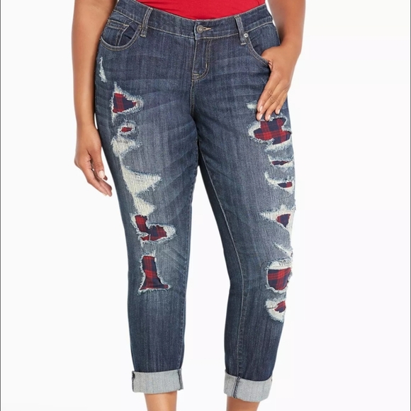 torrid Denim - TORRID Distressed Boyfriend Skinny Jeans with Plaid Details 14R